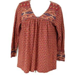 Lucky Brand Orange Floral Boho Fall Top V-Neck Small Vintage Inspired Lightweigh